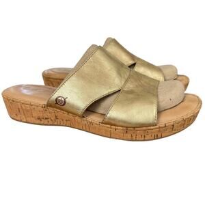 Born Leather Womens Gold Slides Low Wedge Slip On Sandals Shoes Platform sz 10